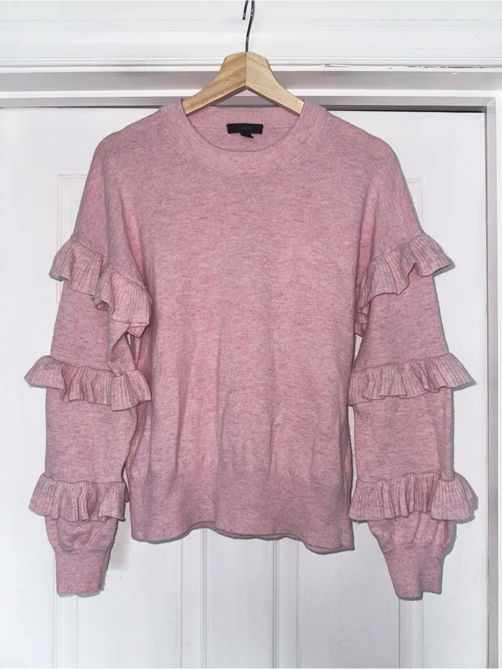 J. Crew Wool Blend Light Pink Ruffle Sleeve Sweater M